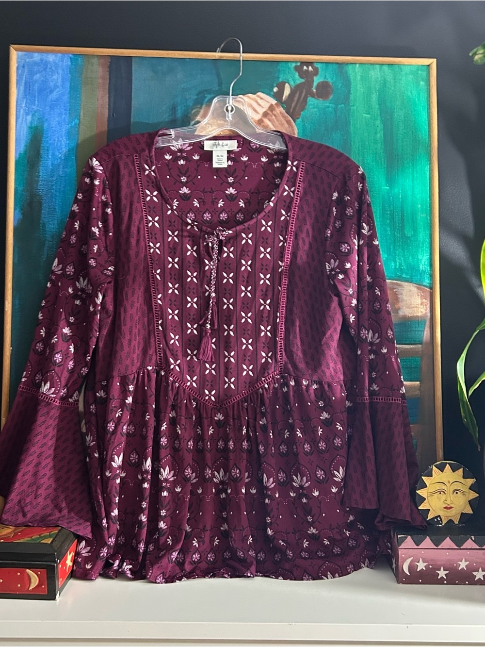 Style & Co Burgundy Boho Floral Bell Sleeve Peasant Top Size M